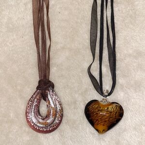 Brown and Black Glass Art Pendant Necklaces (2) Heart And Teardrop